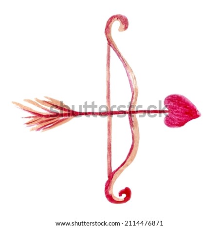 Watercolor drawing of the bow with heart arrow, isolated. Hand-drawn ink romantic clipart for Valentine Day, Date or Wedding