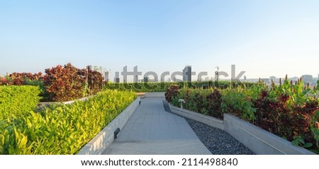 Sky garden on private rooftop of condominium or hotel, high rise architecture building with tree, grass field, and blue sky. Royalty-Free Stock Photo #2114498840