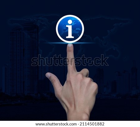 Hand pressing information sign flat icon over world map, modern city tower and skyscraper, Business customer service and support concept, Elements of this image furnished by NASA