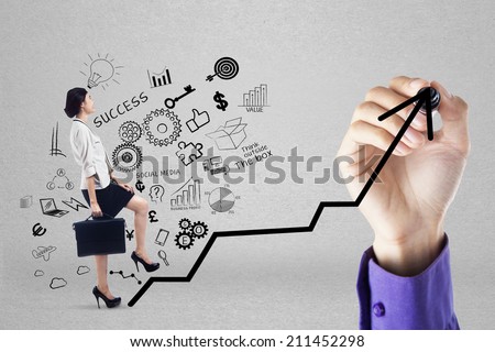 Businesswoman climbing upward chart to gain her business target by following businessman's hand