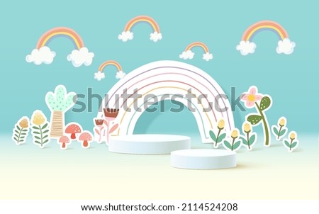 Paper cut landscape banner with rainbow and clouds made in realistic paper craft art. Kids colorful podium product display
