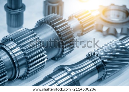 Close-up scene of transmission pinion gear parts . The abstract scene of gear part of automotive transmission system. Royalty-Free Stock Photo #2114530286