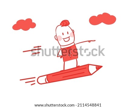 The figure of a boy flying on a pencil forward. Funny boy is flying on a rocket in the form of a pencil. Start.