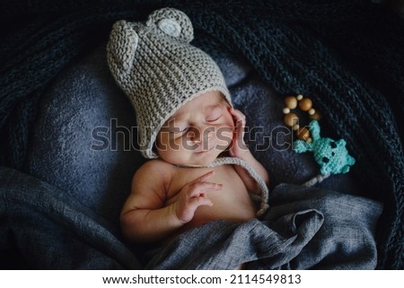 Photo shoot of a newborn baby.A child sleeps in a knitted teddy bear hat