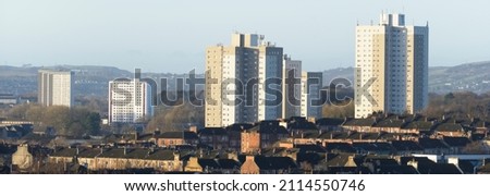 High rise council flat in deprived poor housing estate in Glasgow Royalty-Free Stock Photo #2114550746