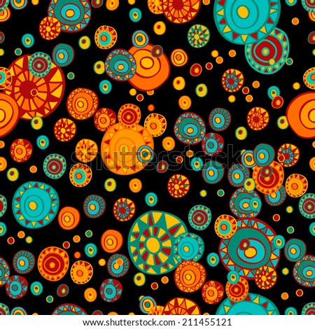 Seamless pattern with hand drawn ornamental circles on a black background, clipping mask, vector illustration