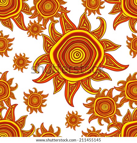 Hand drawn seamless doodle pattern with sun in red colors, clipping mask is used, vector illustration