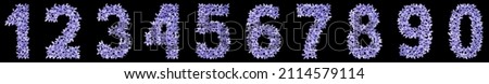 Set of arabic numbers, from natural blue flowers of hyacinth, isolated on black background