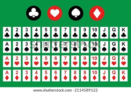 Deck of playing cards for poker with isolated cards on a green background