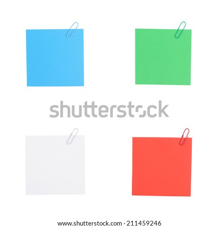 Color note paper with clip isolated on white background And Clipping path 