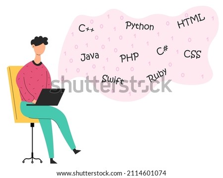 Programmer sits on a chair. Programmer in flat design. Man with laptop. Programming languages. 