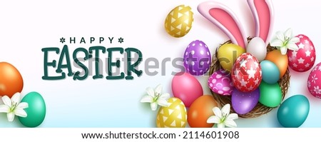 Easter season vector background design. Happy easter text with 3d colorful eggs and bunny ears in basket nest decoration for playful egg hunt celebration. Vector illustration.
