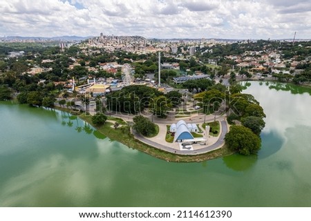 Aerial view of "Lagoa da Pampulha", "Igreja São Francisco" in the city of Belo Horizonte, in Minas Gerais, Brazil. Royalty-Free Stock Photo #2114612390
