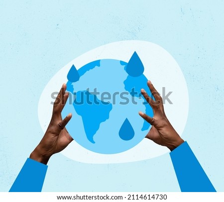 Abstract earth globe in human hands isolated on light blue background. World water day concept. Contemporary art collage. Idea, inspiration, saving ecology, environmental care. Poster, banner