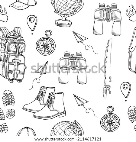 Tourism seamless pattern on white background. Sketch of adventure. Hand-drawn vector stock illustration.