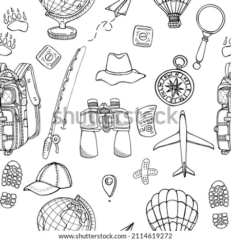 Seamless pattern with travel elements on a white background. Hand-drawn vector pattern. 
