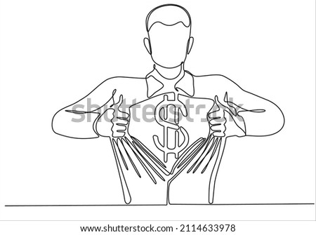 continuous line drawing of a superhero business man tearing his shirt showing his costume chest underneath with dollar sign vector illustration