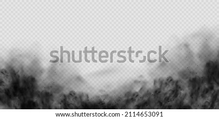 Black smoke clouds, dirty toxic fog or smog. Vector realistic illustration of dark smoky from fire or explosion. Black fume texture isolated on transparent background