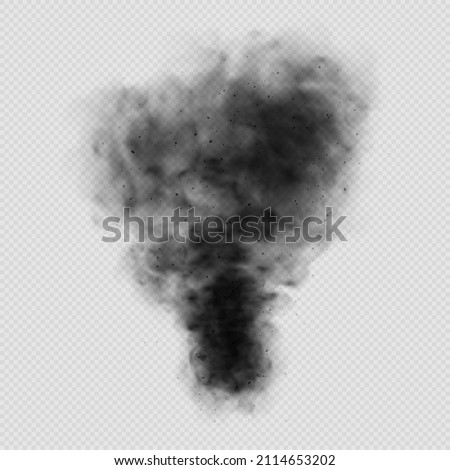 Black smoke clouds, dirty toxic fog or smog. Vector realistic illustration of dark smoky from fire, explosion or burning coal. Black fume texture isolated on transparent background.