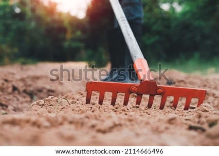 A man uses a rake to shoveling the soil. to prepare for planting ,man Working in Garden with Rake  Royalty-Free Stock Photo #2114665496