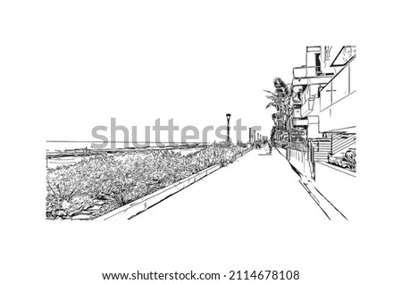Building view with landmark of Manhattan Beach is the 
city in California. Hand drawn sketch illustration in vector.