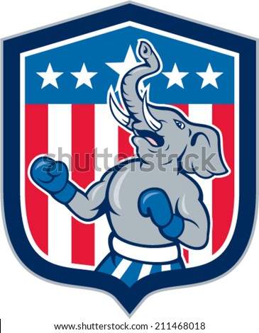 Illustration of a republican elephant boxer mascot of the republican party with stars and stripes in the background set inside shield crest done in cartoon style. 