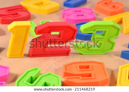 Colorful plastic numbers 123 close up