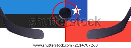 Top view hockey puck with Estonia vs. Chile command with the sticks on the flag. Concept hockey competitions