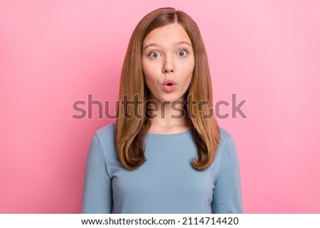 Portrait of attractive amazed worried brown-haired girl pout lips reaction isolated over pink pastel color background