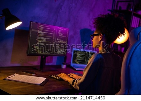 Profile side photo of lady freelancer editor improving operating security error protection use device in workstation evening late