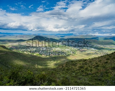 Aerial shot of a small village town of Graaff-Reinet on a cloudy day in the Eastern Cape South Africa