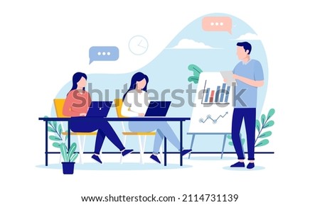 Business course - Male teacher presenting graphs and charts to students. Flat design vector illustration with white background Royalty-Free Stock Photo #2114731139