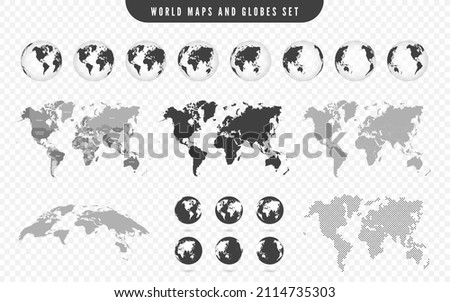 World map and transparent globes of Earth. Set of maps with countries and transparent globes. World map template with continents, North and South America, Europe and Asia, Africa and Australia. Vector