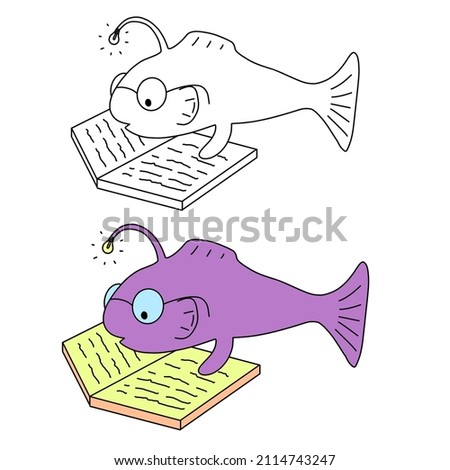 Vector illustration with cartoon character: a fish with glasses reading a book. 