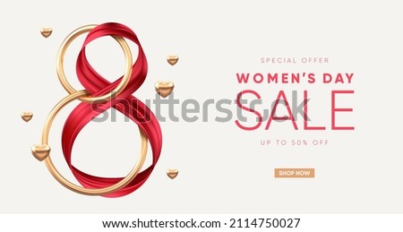 Elegant 8 March banner with golden 3d number and red ribbon. Vector illustration. Royalty-Free Stock Photo #2114750027