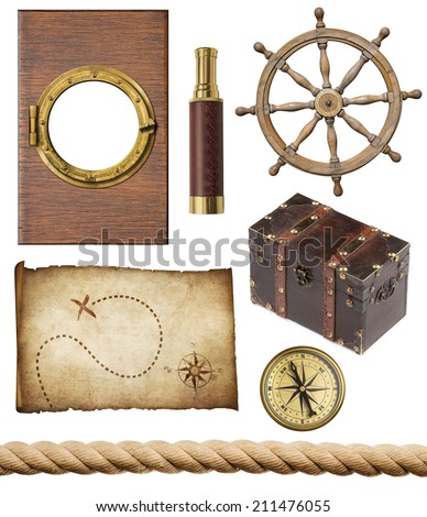 nautical objects set isolated: ship window or porthole, old treasure map, spyglass, brass compass, pirates chest, rope and steering wheel