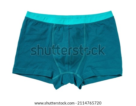 Mens boxer briefs isolated on a white background. Blue male underwear cutout. Man trunks of elastic cotton fabric close-up. Modern mens underpants concept. New clean underclothes. Top view. Royalty-Free Stock Photo #2114765720