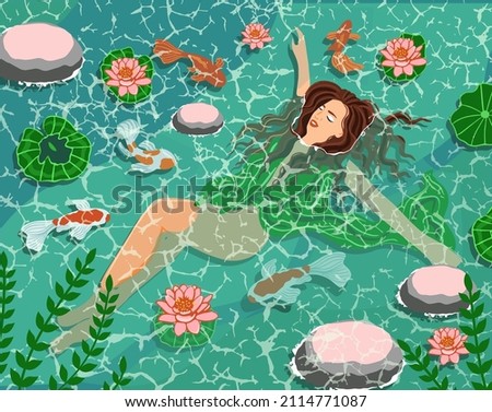 Girl resting in the lake with koi fish.
The concept of relaxation in the water, meditation and harmony with nature