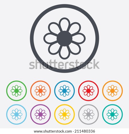 Flower with petals sign icon. Blossom symbol. Round circle buttons with frame. Vector