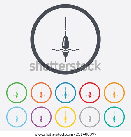 Fishing sign icon. Float bobber symbol. Fishing tackle. Round circle buttons with frame. Vector