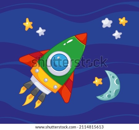 Drawing with a small cute space rocket that flies against the backdrop of space with the moon and stars. Vector illustration in cartoon childish style. Cute imprint of space transport
