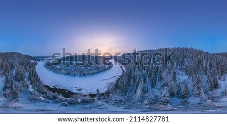 360 degree panorama of a winter river from above and a snow-covered forest Royalty-Free Stock Photo #2114827781