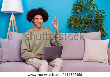 Photo of young cheerful man use laptop sit divan show fingers okey symbol promo decision isolated over blue color background