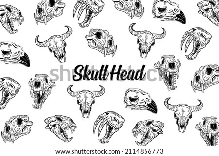 Set Dark illustration Skull Head Hand drawn Hatching Outline Style