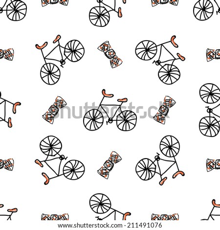Seamless vector pattern with doodle bicycles and on white background