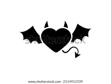 Devil or demon heart black silhouette icon isolated on white background. Heart with horns, tail, wings. Flat design simple clip art vector illustration.
