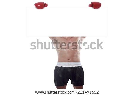 fight and competition sign with an red boxing glove holding a blank white banner as a business symbol of competitive sales or boxing day specials isolated on white background with clipping path
