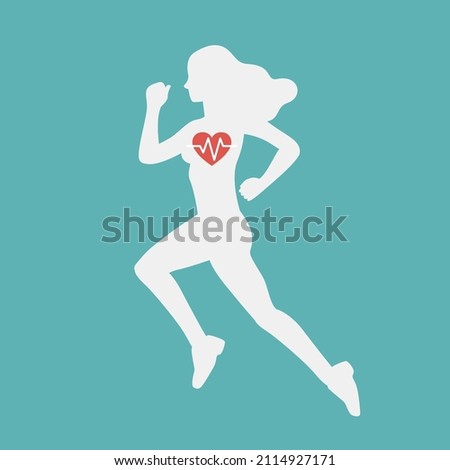 Young athletic woman performs cardio exercises by running marathon. Female cardio workout. Health body with hearth rate. Vector illustration in flat cartoon style. Royalty-Free Stock Photo #2114927171