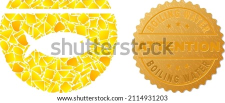 Golden mosaic of yellow spots for fish tank icon, and golden metallic Boiling Water Attention stamp. Fish tank icon collage is done of random gold.