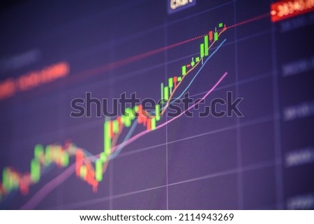 Digital screen with financial trading chart and market quotes and statistics showing cryptocurrency price trend. Technical price candlestick chart graph and indicator stock online trading.  Royalty-Free Stock Photo #2114943269